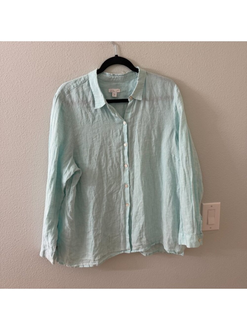 J Jill Linen Blue Button Up Essential Shirt Blouse XL Petite Missing Button